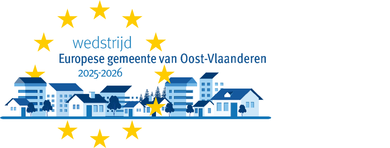 Campagnebeeld met huizen en de sterren van de Europese Unie. Er staat ook bij geschreven: wedstrijd Europese Gemeente van Oost-Vlaanderen 2025-2026