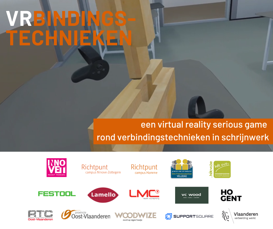 Poster met screenshot van virtual reality serious game van verbindingstechnieken met logo's van de verschillende partners in het project