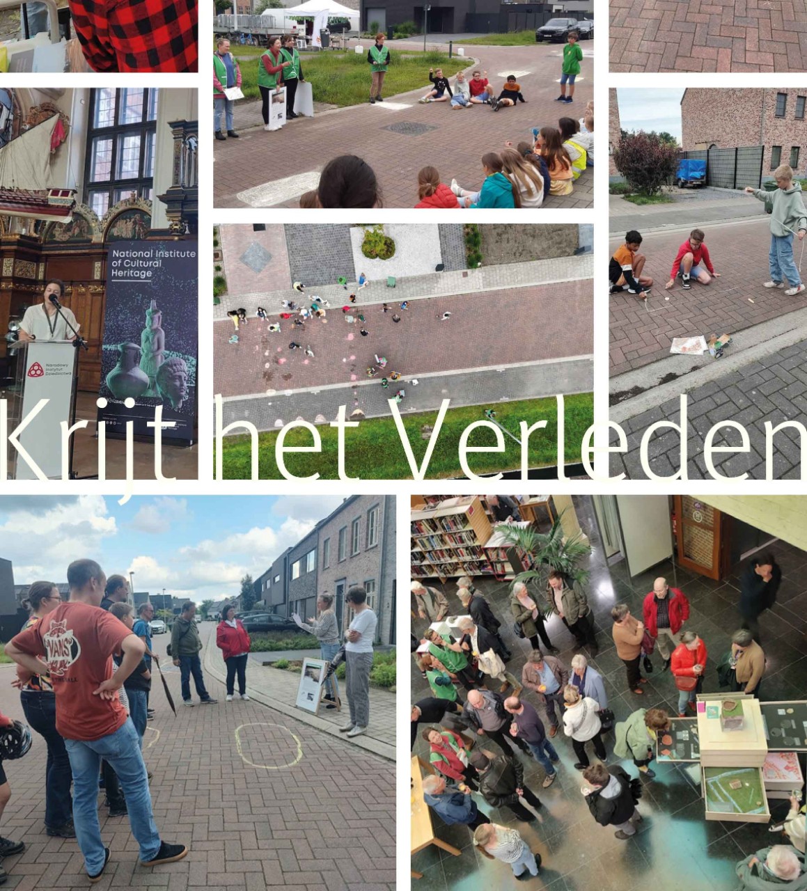 Collage van beelden van leerlingen en krijt op straat en lezingen