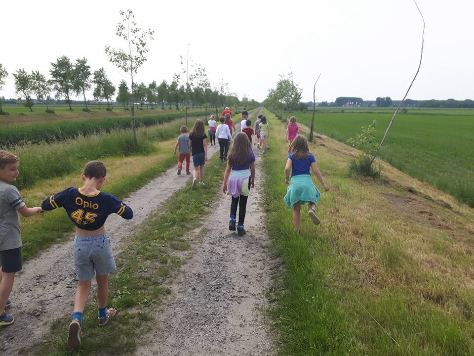 kinderen maken wandeling tijdens de plattelandsklassen
