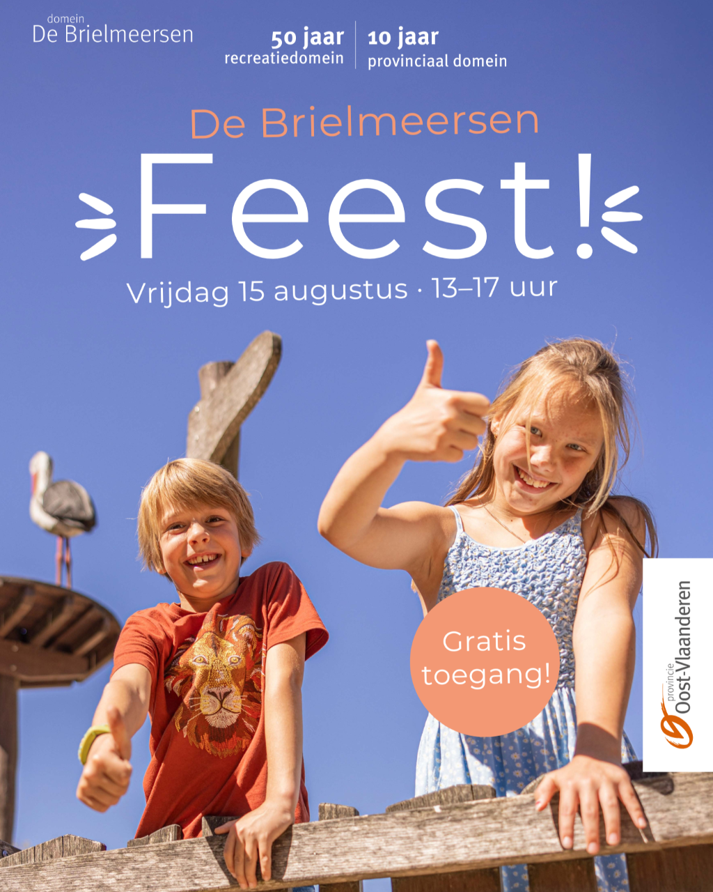 Campagnebeeld met 2 lachende kinderen. Tekst: De Brielmeersen Feest, 15 augustus van 13 tot 17 uur, gratis toegang