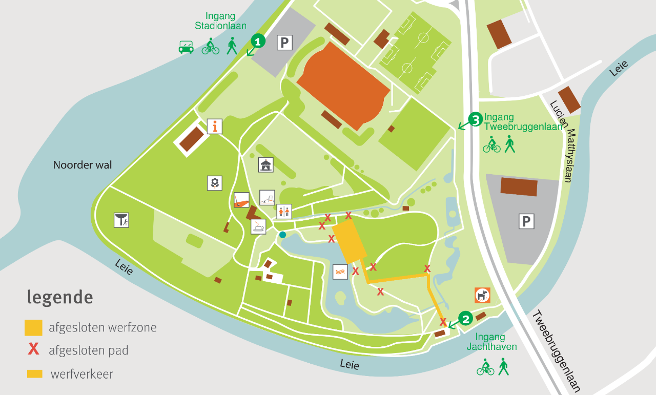plattegrond van De Brielmeersen en situering van de afgesloten werfzone