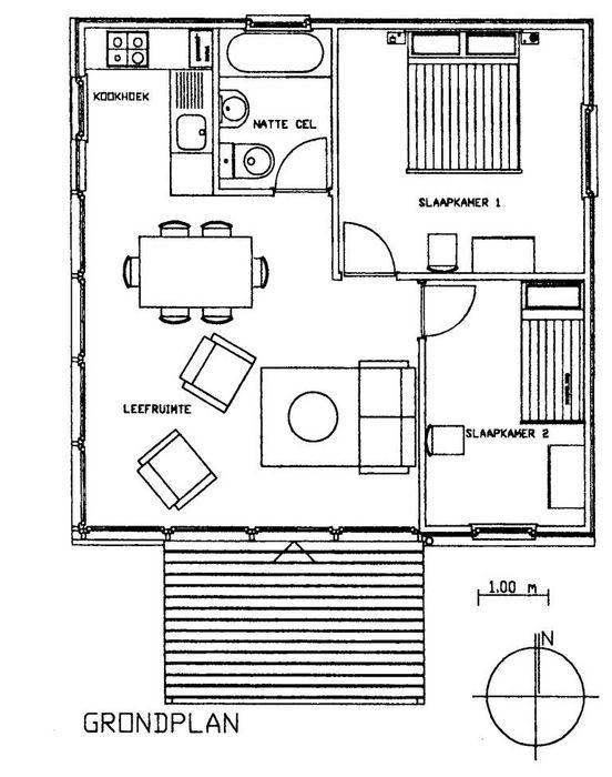 Grondplan met terras, leefruimte, open keuken, aparte badkamer en twee aparte slaapkamers