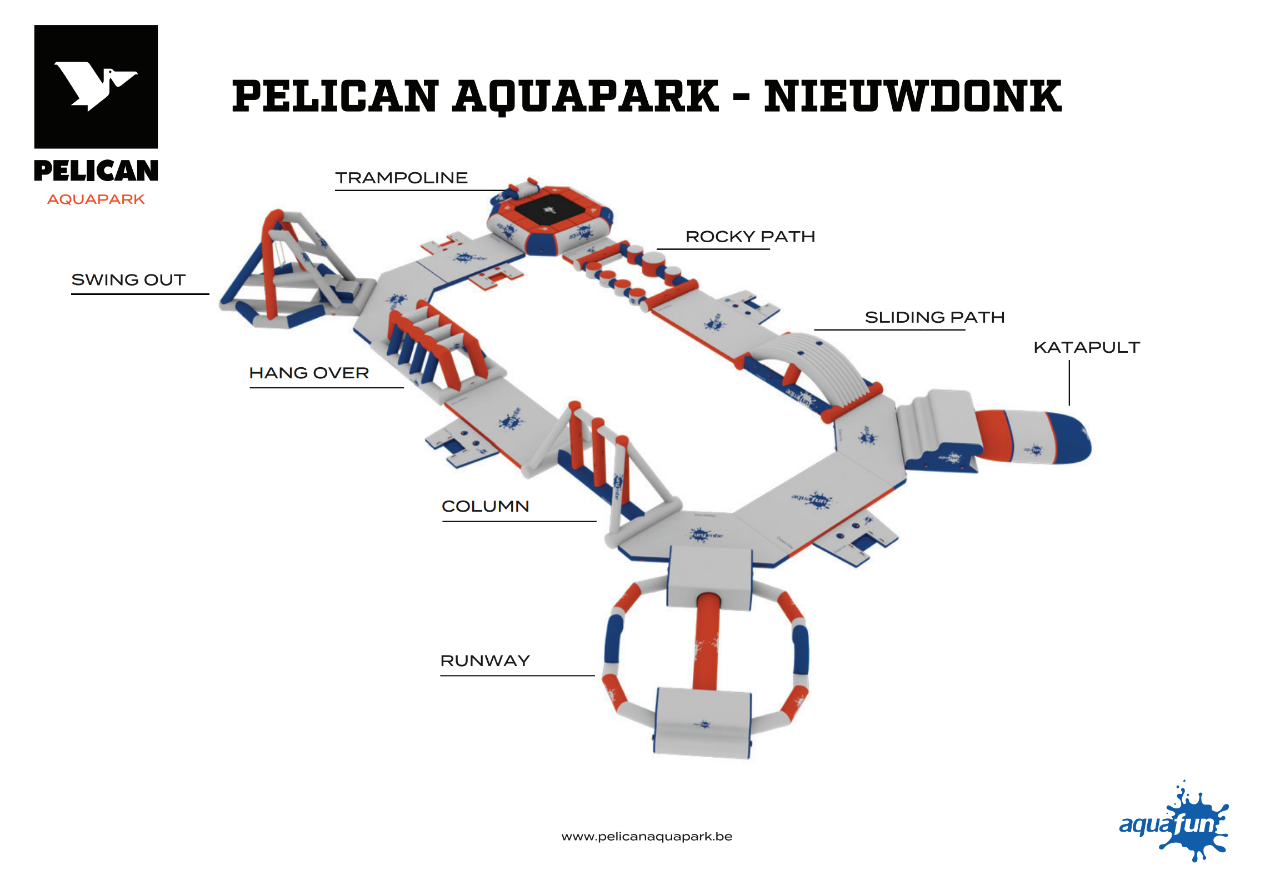 parcours van het aquapark in Nieuwdonk met trampoline, rocky path, sliding path, katapult, runway, column, hang over, swing out