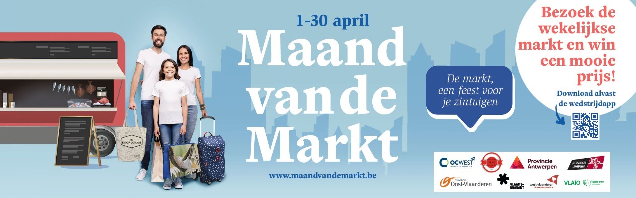 Maand van de markt campagnebeeld, gezin die boodschappen doet, 1 tot 30 april, maand van de markt, www.maandvandemarkt.be, bezoek de wekelijkse markt en win een mooie prijs